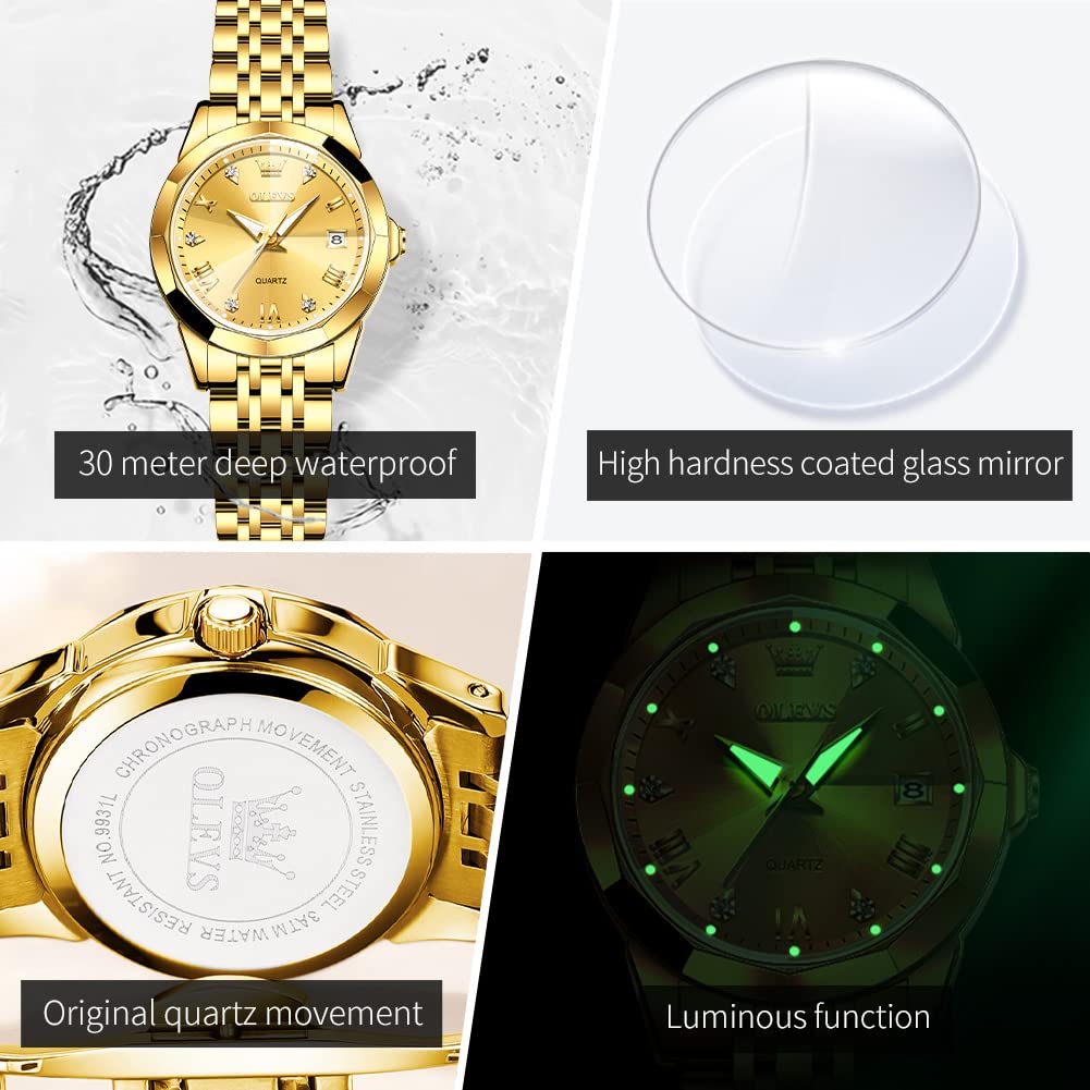 OLEVS Reloj de pulsera para mujer de plata elegante con diamantes pequeños de acero inoxidable de dos tonos con fecha y día de cuarzo analógico para mujer, Tono-dorado, Reloj de pulsera de joyería