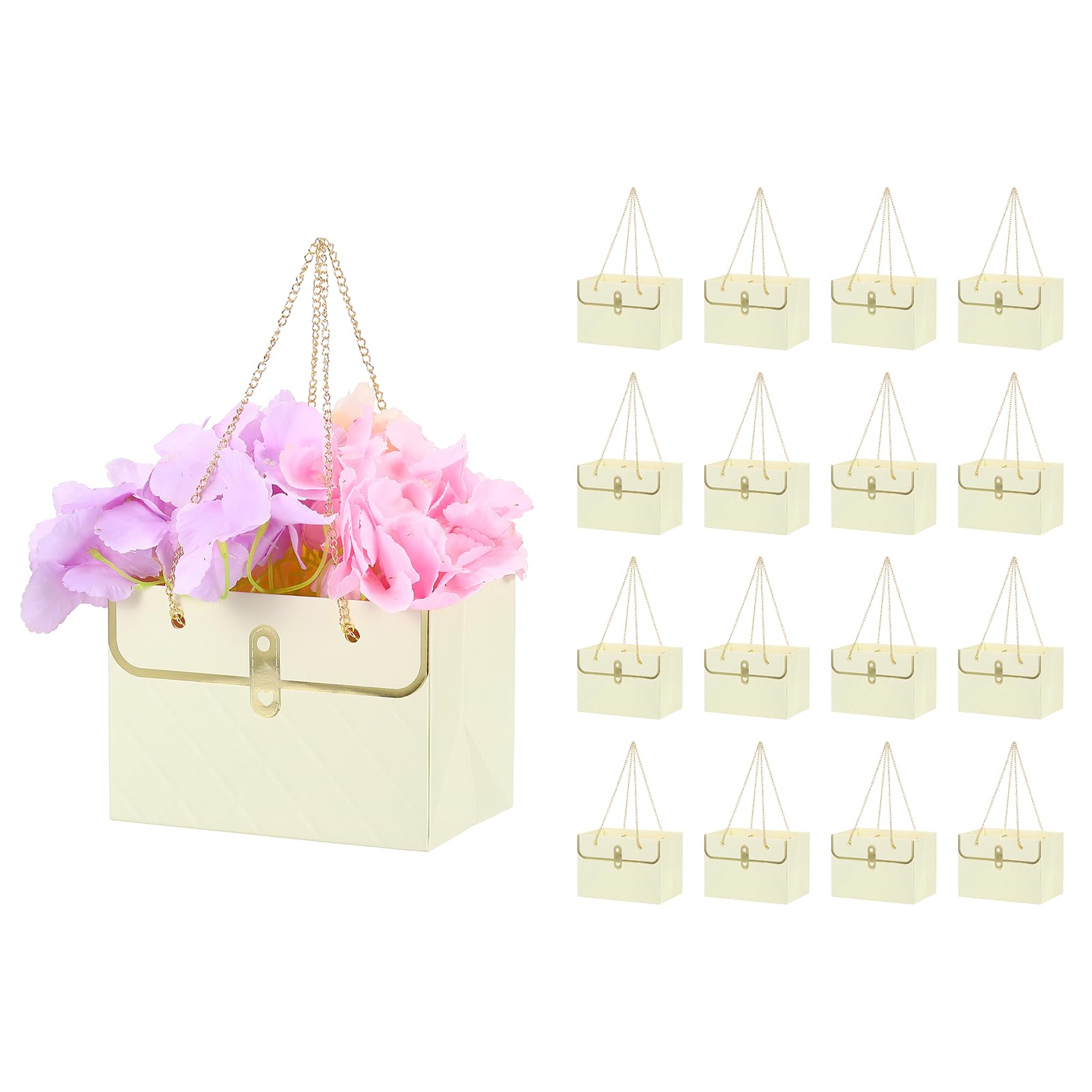 PATIKIL Paper Flower Gift Bags (16Pcs, Beige) Bouquet Storage Bucket Florist Handbags with Metal Chains, Suit for - Wedding/Gift Wrap/Birthday/Party/Mother's Day