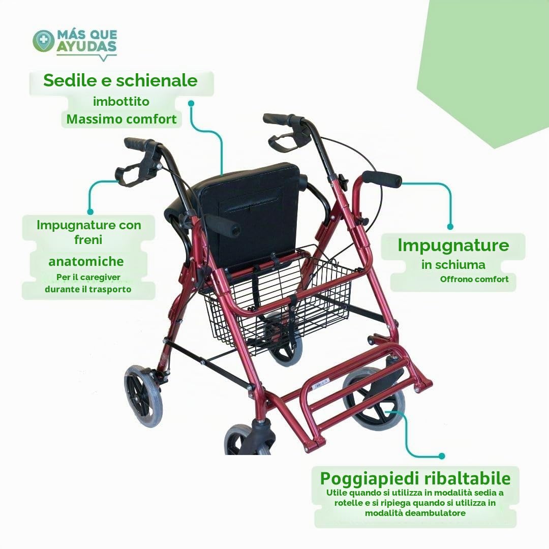 Mobiclinic Colón, Deambulatore con seduta a 4 ruote, Pieghevole e regolabile , Bordeaux