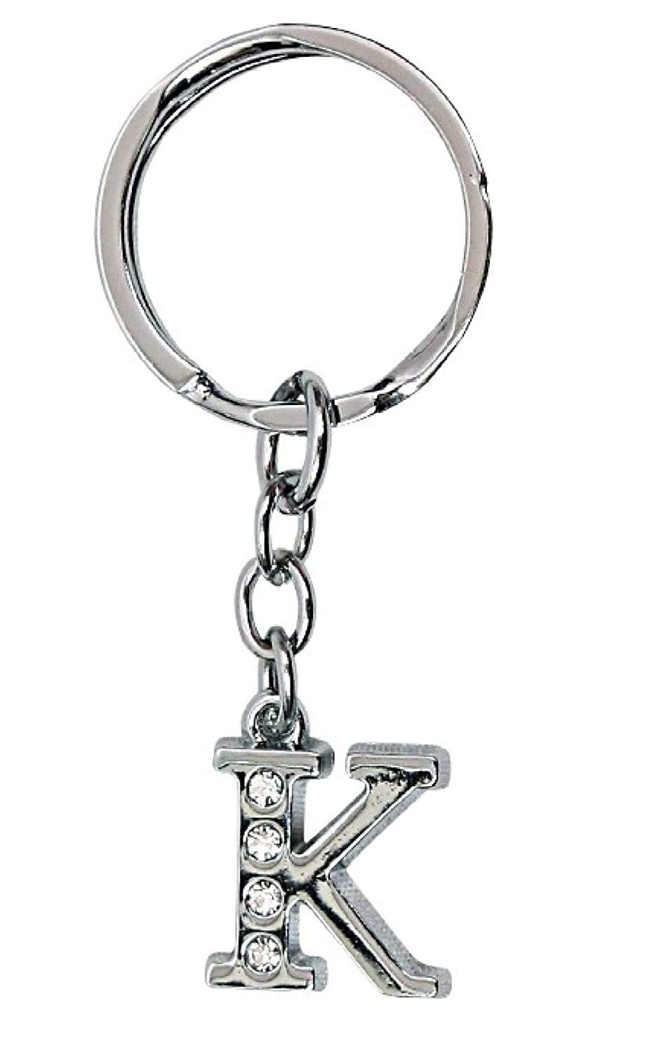 Alphabet Letter Metal Keychains with Crystal Stones for Car Bike Men Women Keyrings, Silver (Letter K)