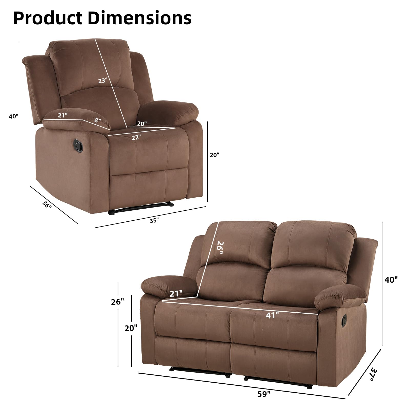 EBELLO Manual Reclining Couch Set for Living Room, Include 1 Recliner Chair, 1 Loveseat Sofa, Recliner Sofa Furniture Set for Home and Office, Brown view 2