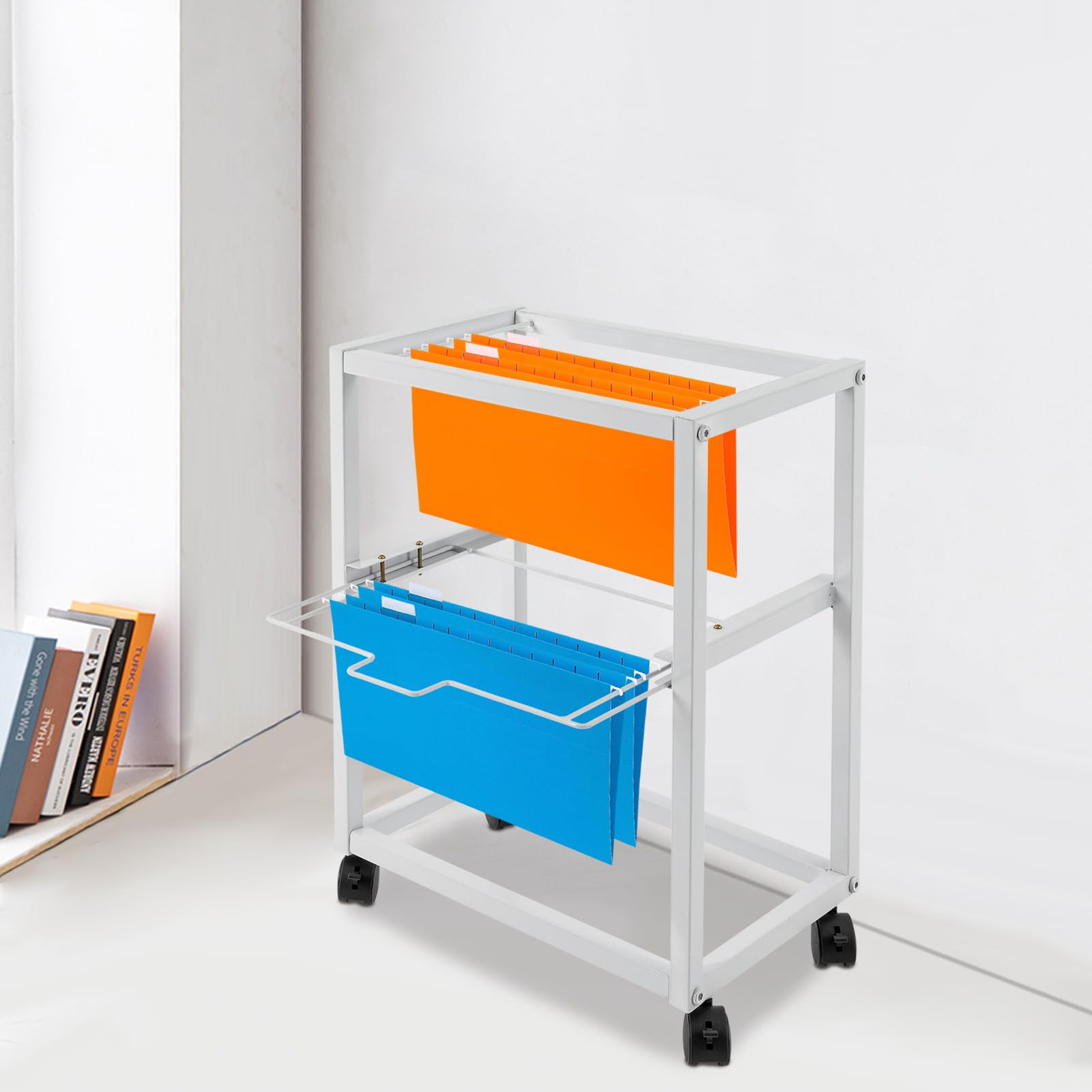Chariot de fichiers à rouler en métal avec roulettes, organiseur de littérature à 2 niveaux pour dossiers suspendus au format lettre, support de dossiers coulissant, solution de rangement pour la