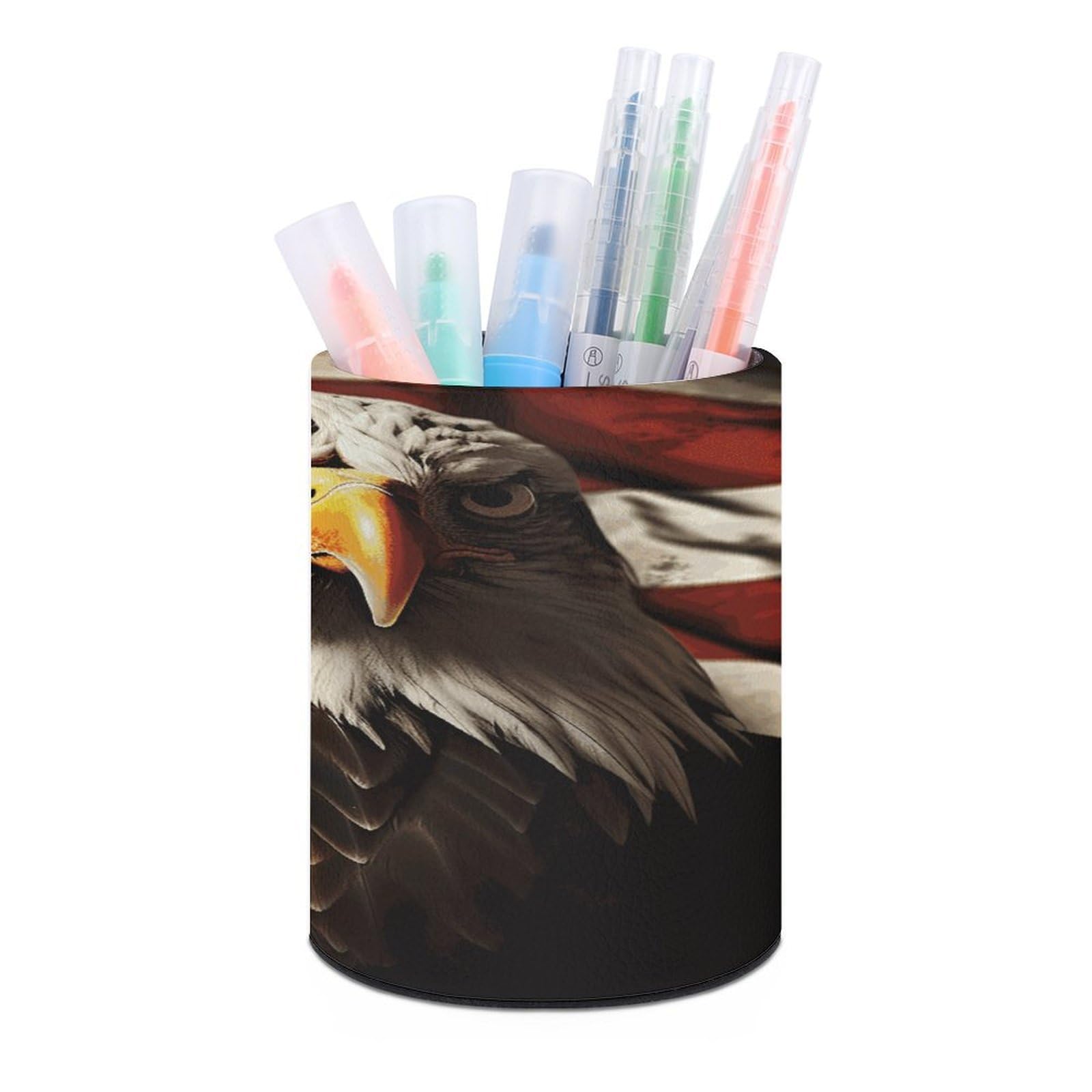 Bald Eagle Flag Veterans Pen Holder Multi-Functional Round Pencil Holder Cute Office Decoration Pen Cups Simple Design PU Leather Paintbrush Cups for Home Office Desk
