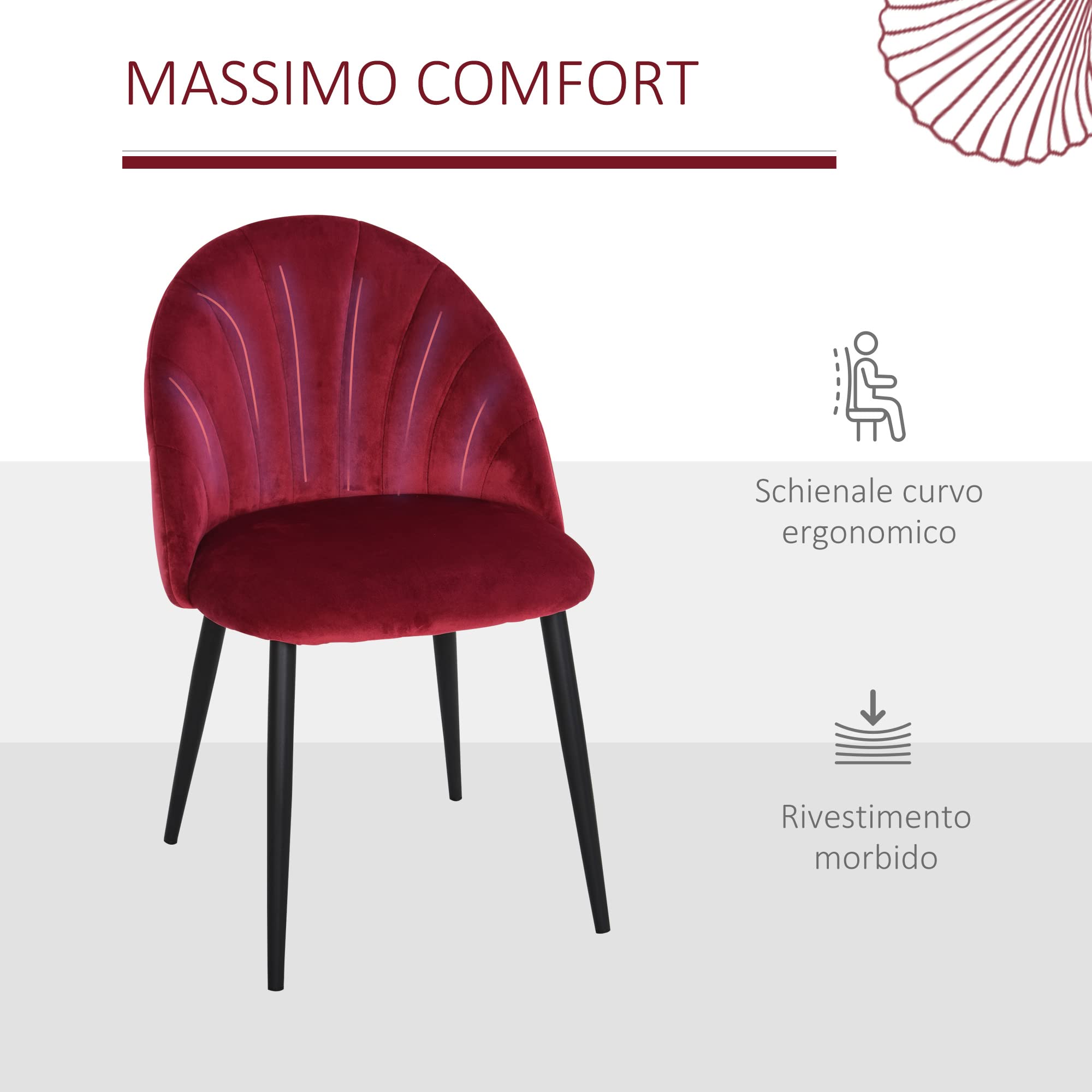 HOMCOM Set di 2 Sedie Sala da Pranzo in Velluto Gambe Metallo Rosso Scuro