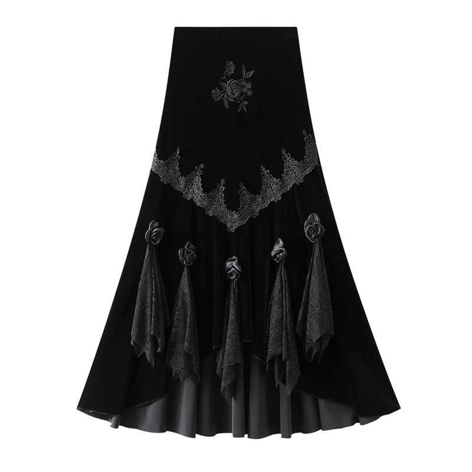 Gonna Longuette in Velluto Nero Vintage da Donna gonne a Sirena in Pizzo Floreale 3D Autunno Inverno Harajuku Gotico Slim Tromba gonne