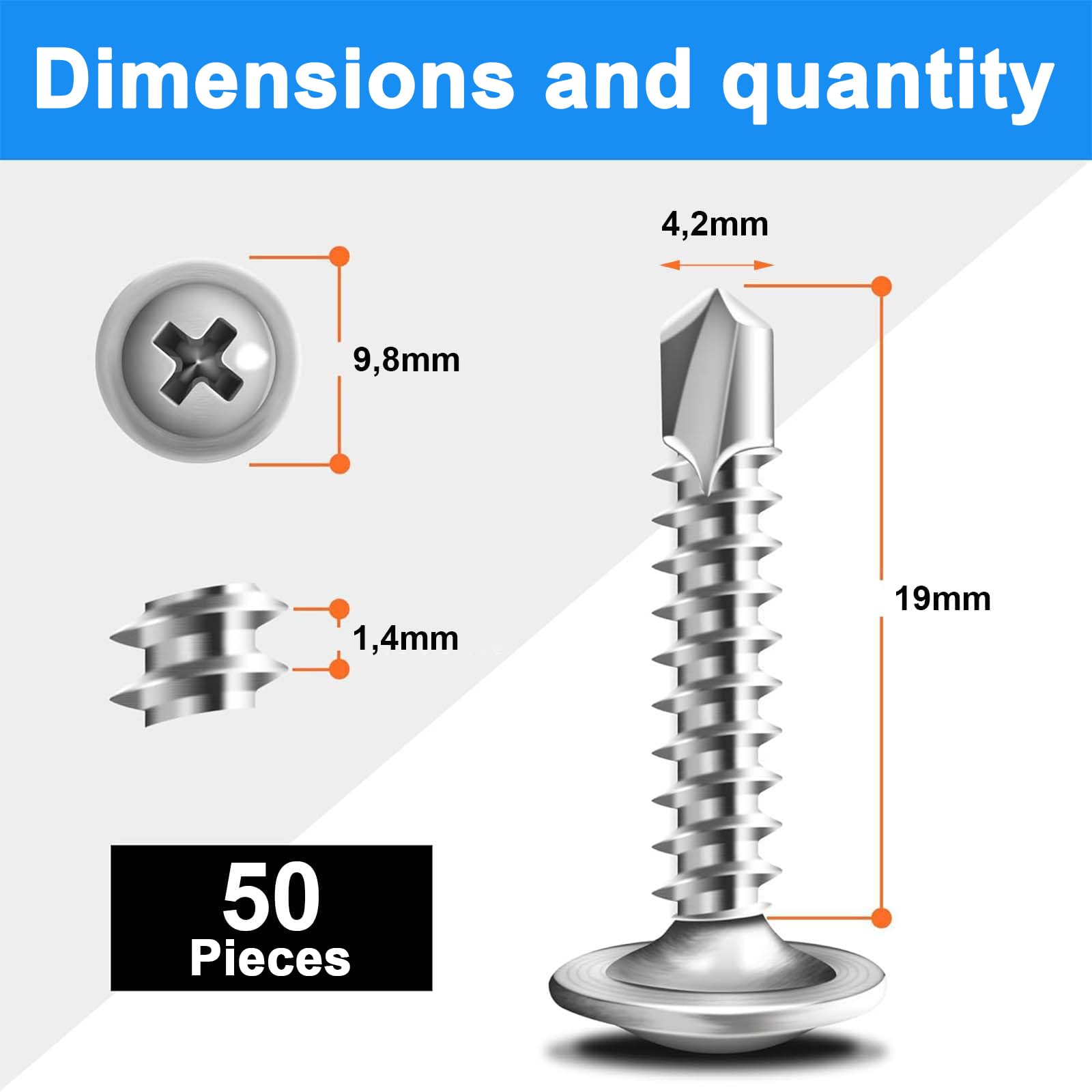Wavanta 50Pcs Self Tapping Screws for Metal M4.2 x 19mm Truss Head Self Drilling Screws - Image 2