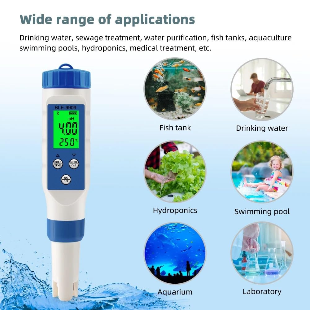 Electrodo de Medidor de PH Digital, termómetro de Probador de Calidad del Agua de Acuario, medidor de PH/EC/salinidad/Temperatura/TDS, Control por aplicación for Piscina
