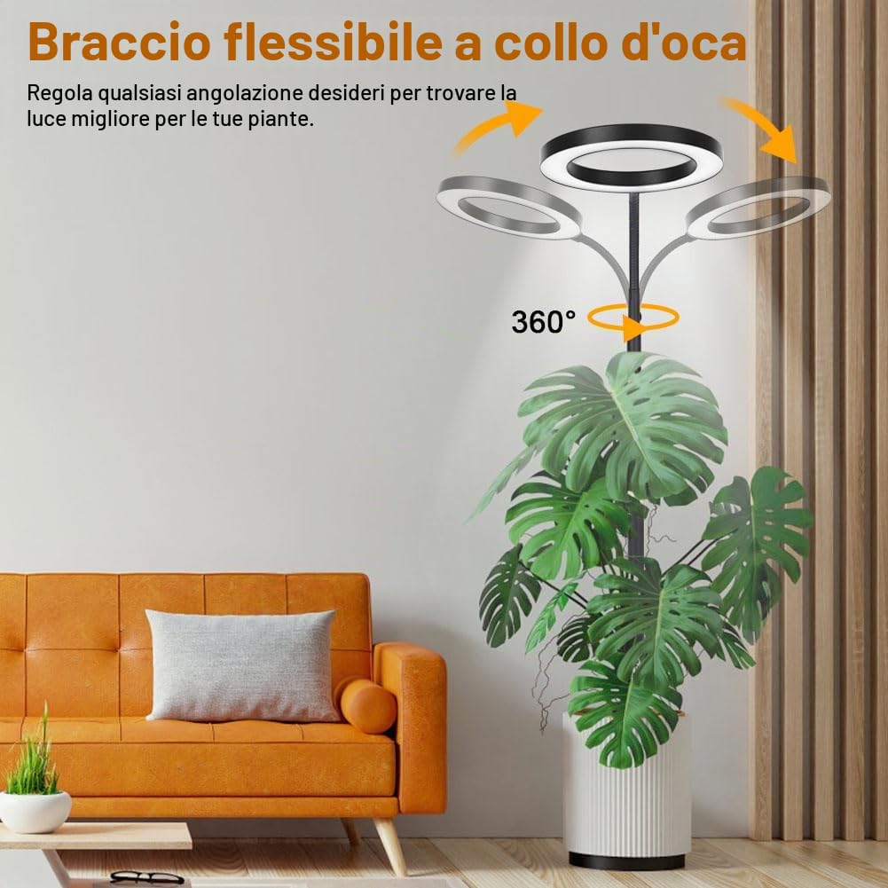 Ainiv Luci per Piante da Interno, Lampada di Crescita a Spettro Completo, 80 LEDs Lampada, con Timer auto 6/12/16H, 3 Modalità, 10 Luminosità, 90cm~160cm Altezza Regolabile per Piante Alte e Grandi