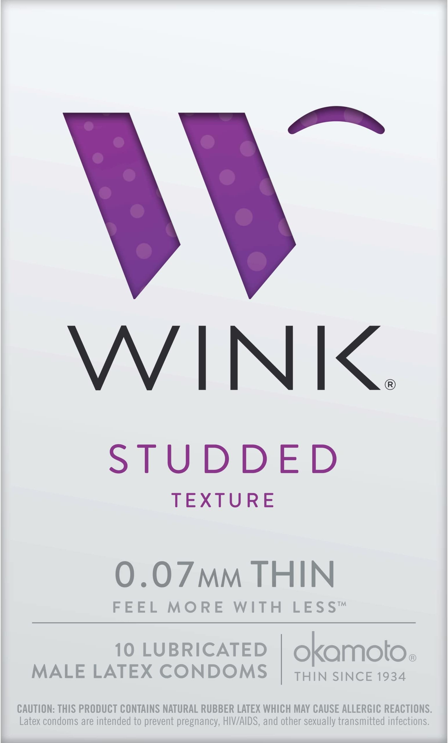 Wink Studded Condom Bundle with a Silver Sleek Pocket Case, 0.07 mm Thin Ribbed Latex Condoms-10 Count