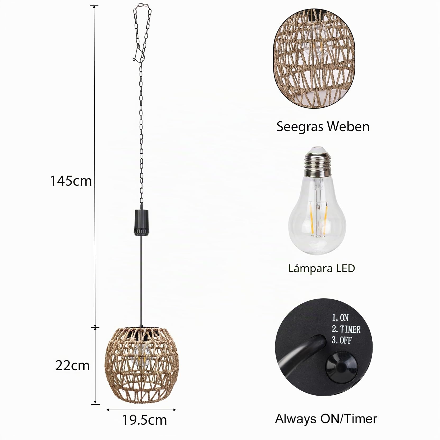 pearlstar Lámpara colgante con batería, lámpara colgante alimentada por batería con temporizador de 6 horas, lámpara colgante para exteriores, lámpara colgante para patio, bar, jardín, terraza, salón
