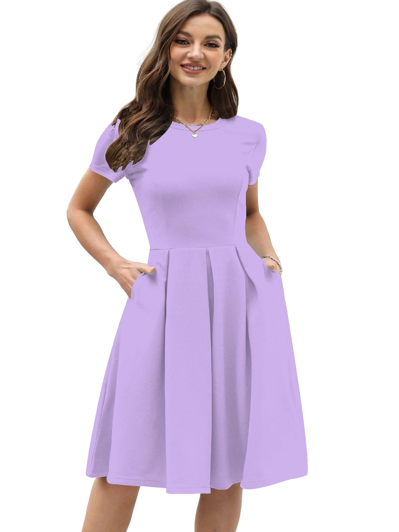 Shasmi Girl's & Women's Solid Purple Color Solid Slant Pocket Fold Pleated, Women Cocktail Party Vintage Style With Pockets Big Swing Simple Retro Dress (Dress 166 Light Purple-Xl)