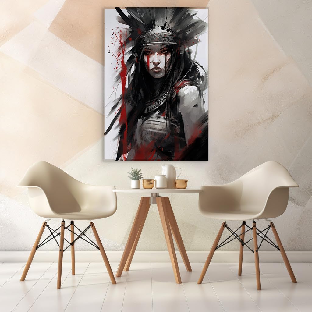 Canvas for Living room. Gaze of Resilience: The Intensity and Tradition of a Digitally Painted Apache Woman, 27 x 18 inch Canvas Wall Art - Contemporary Masterpieces - Modern Home Decor