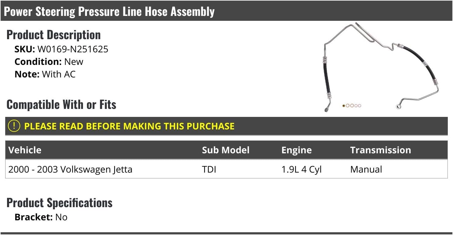 Power Steering Pressure Line Hose Assembly - Compatible with 2000-2003 Volkswagen Jetta TDI 1.9L 4-Cylinder with AC