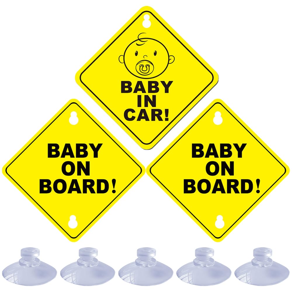 TRKETK 3 Pcs Baby on Board Sign for Car with Suction Cups, 5 x 5 in Safety Waterproof Baby on Board Car Accessories Sign Reusable Kids on Board Car Sticker Warning
