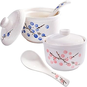 Ceramic Stew Bowl with Lid and Spoon Set of 2, 4 Cherry Blossom Stew Pots | Multi-Use for Stew, Soup, Salt, Sugar and Spice, Kitchen Container, Microwave & Dishwasher Safe