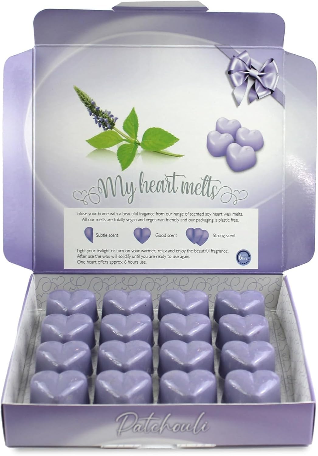 Patchouli Wax Melts Heart Shaped 16 Pack, Up to 96 Hours Total Fragrance, Green Patchouli & Earthy Root Scent, Vegan Soy Wax, Heart-Shaped Melt Cubes, Presentation Gift Box by Spotless Leopard