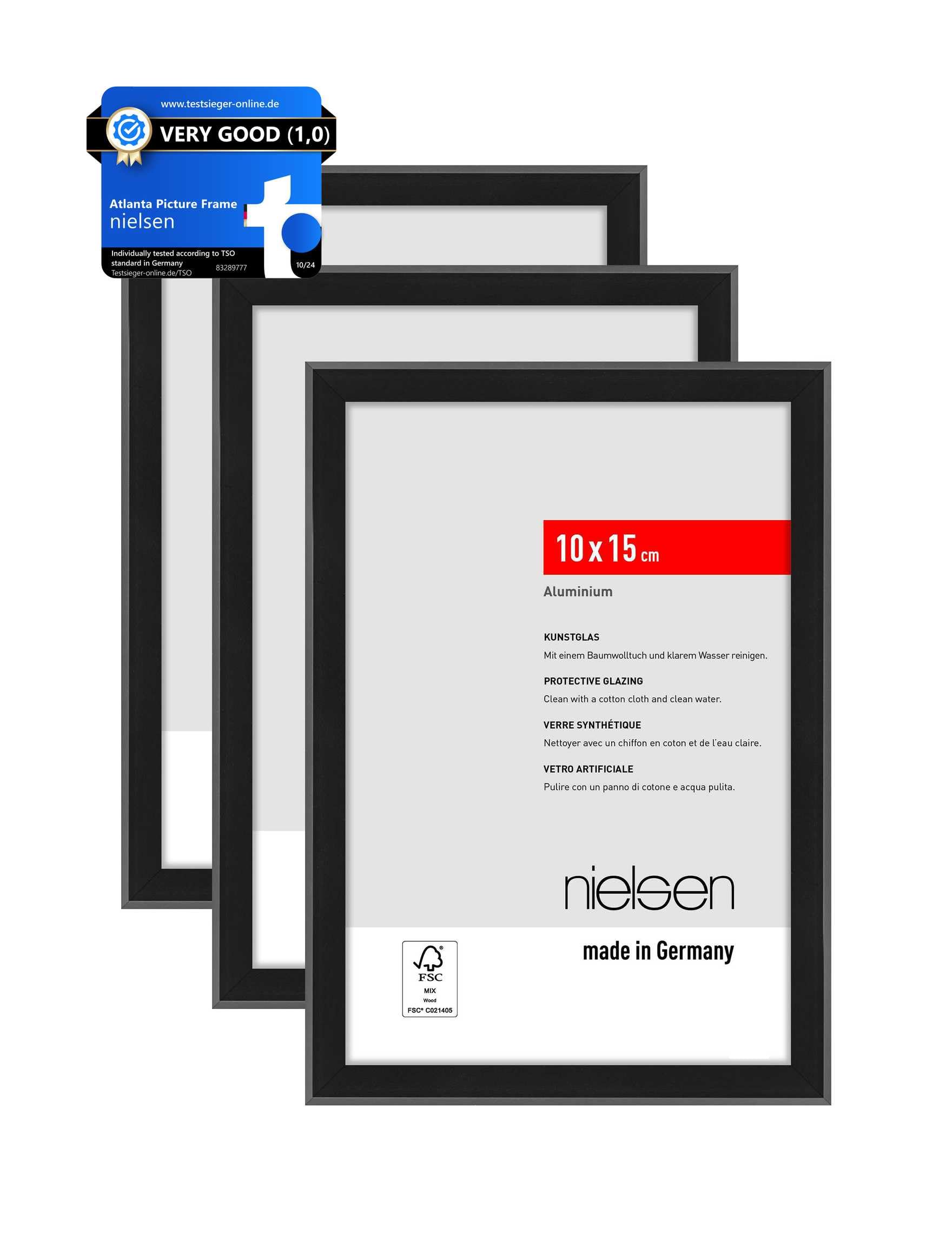 Nielsen Frosted Black Atlanta Aluminium Picture Frame - 4X6in, 10X15cm (Pack Of 3) - With Synthetic Glass And Push-Turn Clips