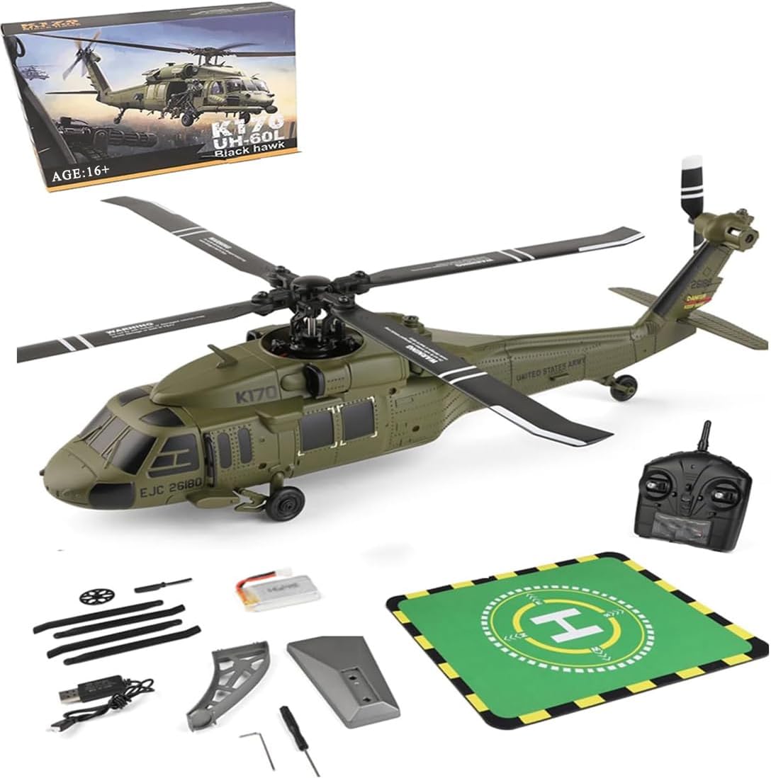 K170 UH60L RC Helicopter, Remote Controlled Helicopter for Adults Beginners, 2.4G 4CH RC Plane 6-Axis Gyroscope Altitude Hovering Military Aircraft Aileronles (1 Battery)