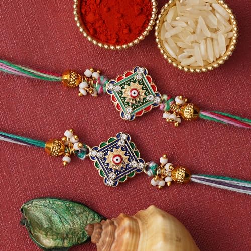Image of eCraftIndia Set of 2 Lord Ganesha and Om Religious Rakhi for Brother Bhaiya Bhai | Roli Chawal Pack