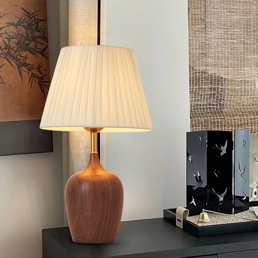 Mengjay Lampe de Table Chambre Vintage,Lampe de Table en Bois E27,Lampe de Bureau avec Abat-Jour en Tissu,Déco Veilleuse pour Chambre,Salon,Bureau,Hôtel,Café