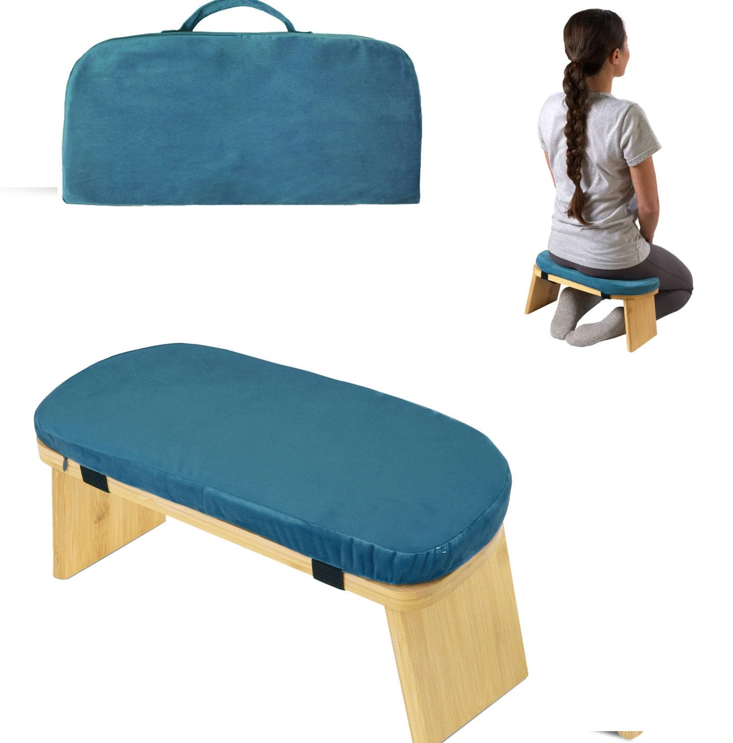 Udxfys Blue Foldable Meditation Bench, Ergonomic Seat Meditation Stool, Sturdy Comfortable Bamboo Kneeling Stool With Magnetic Locking Hinge For Prayer & Yoga