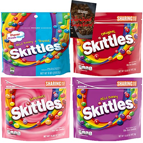Skittles Shareable 4 Flavor Variety Pack - Over 55 Ounces - 4 Resealable Bags - 1 Bag of Each - Wild Berry, Smoothies, Tropical and Wild Berry Mashups, and Original - Bonus Fun Snack Recipe Card!