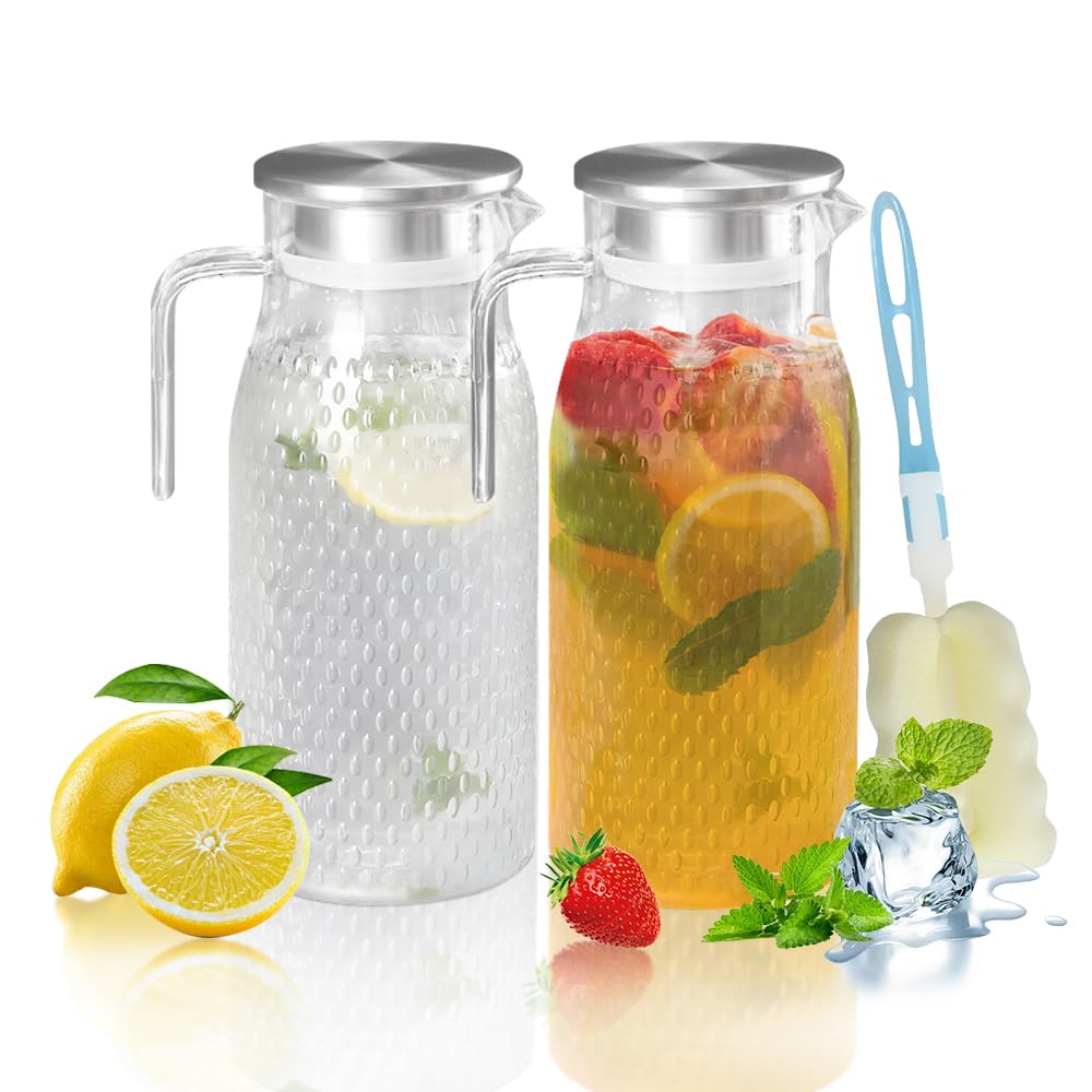 2 Pack 1.6L Plastic Pitcher with Stainless Steel Lid, Acrylic Water Juice Jug, Transparent Fridge Water Jugs, Unbreakable, Easy to Clean Milk Jug for Iced Tea, Lemonade, Cold or Hot(2pcs 1.6L)