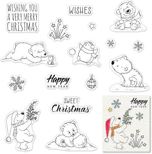 Miniatura 1 de Sellos transparentes de Feliz Navidad para hacer tarjetas, diseño de pingüino de invierno con copos de nieve, sellos de goma transparente para