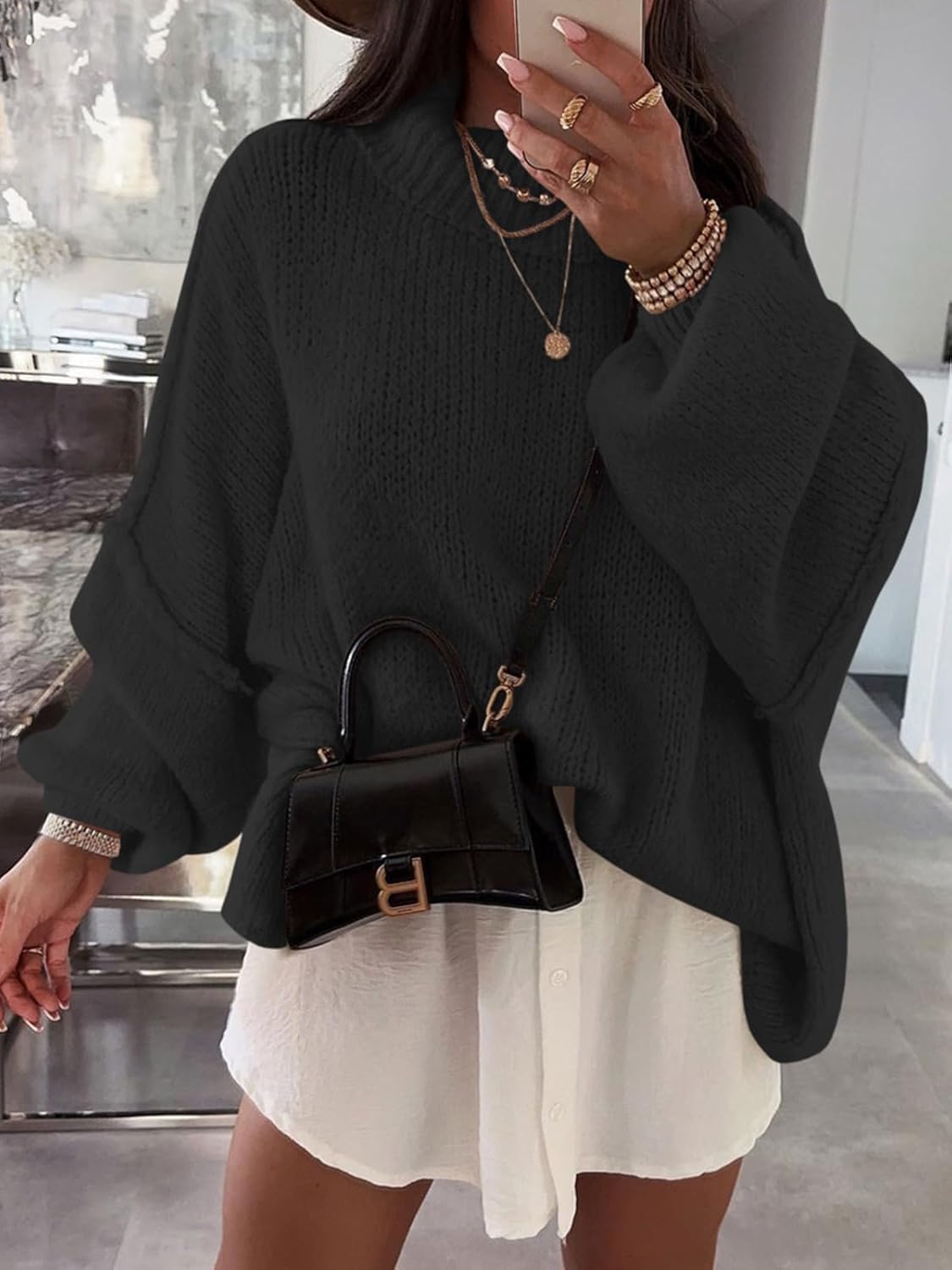 Saodimallsu Womens Oversized Sweaters Mock Neck Batwing Long Sleeve 2026 Fall Trendy Ribbed Knit Casual Tunic Sweater - Image 3