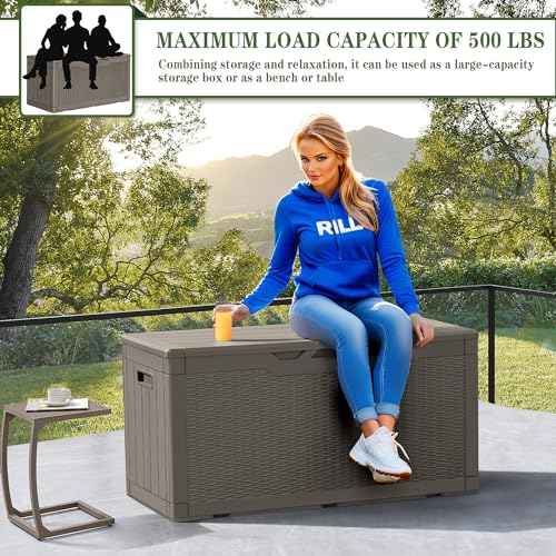 Image of Greesum 100 Gallon Resin Deck Box Large Outdoor Storage, Imitation Rattan Weave Texture for Patio Furniture, Garden Tools, Pool Supplies, Weatherproof and UV Resistant, Lockable, Light Coffee