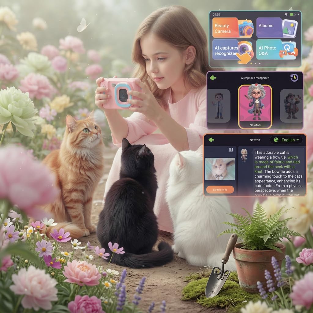 Bemi Pixi Aparat Edukacyjny dla Dzieci z AI, 4" Ekran Dotykowy, Rozpoznawanie Obrazów AI, Interaktywna Nauka, Aparat 5MP, 16GB, Wi-Fi, Android, Różowy (Różowy)