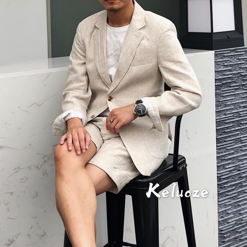Men's 2 Pieces Linen Suit Casual Slim Fit Suits Retro Wedding Prom Tuxedos Summer Beach Party Blazer Shorts Set4