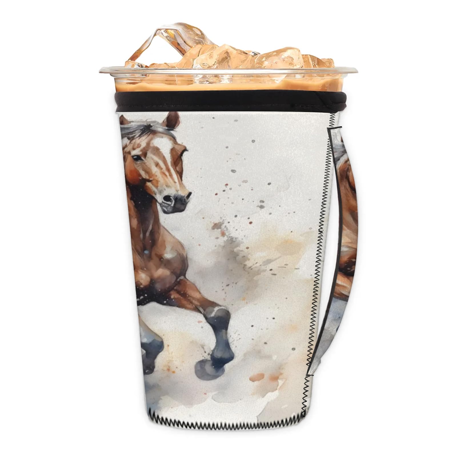Running Watercolor Horse Reusable Neoprene Coffee Sleeve with Handle Insulated Iced Coffee Cup Holder Reduces Condensation Fits 24-28 oz Cups M