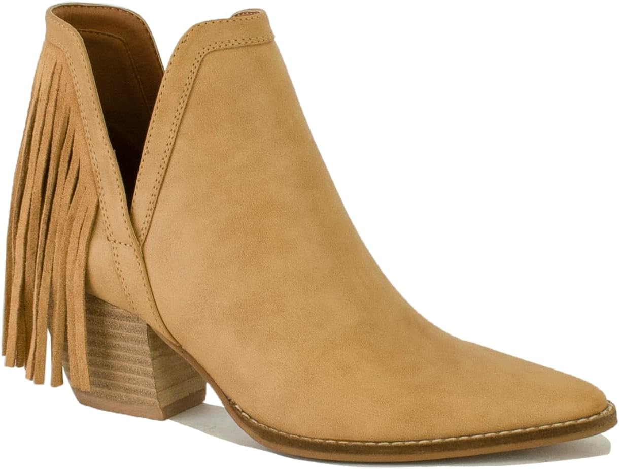 Women's V Cut Ankle Boots Fringe Boots Pointed Toe Boots Cut Out Slip On Short Boots Stacked Heel Booties Cowgirl Boots