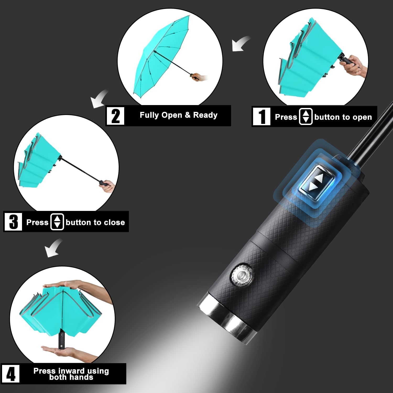 Lejorain Travel Folding Inverted Umbrella - Reverse LED Umbrellas Automatic Open and Close - Reflective Collapsible Reversible Umbrella