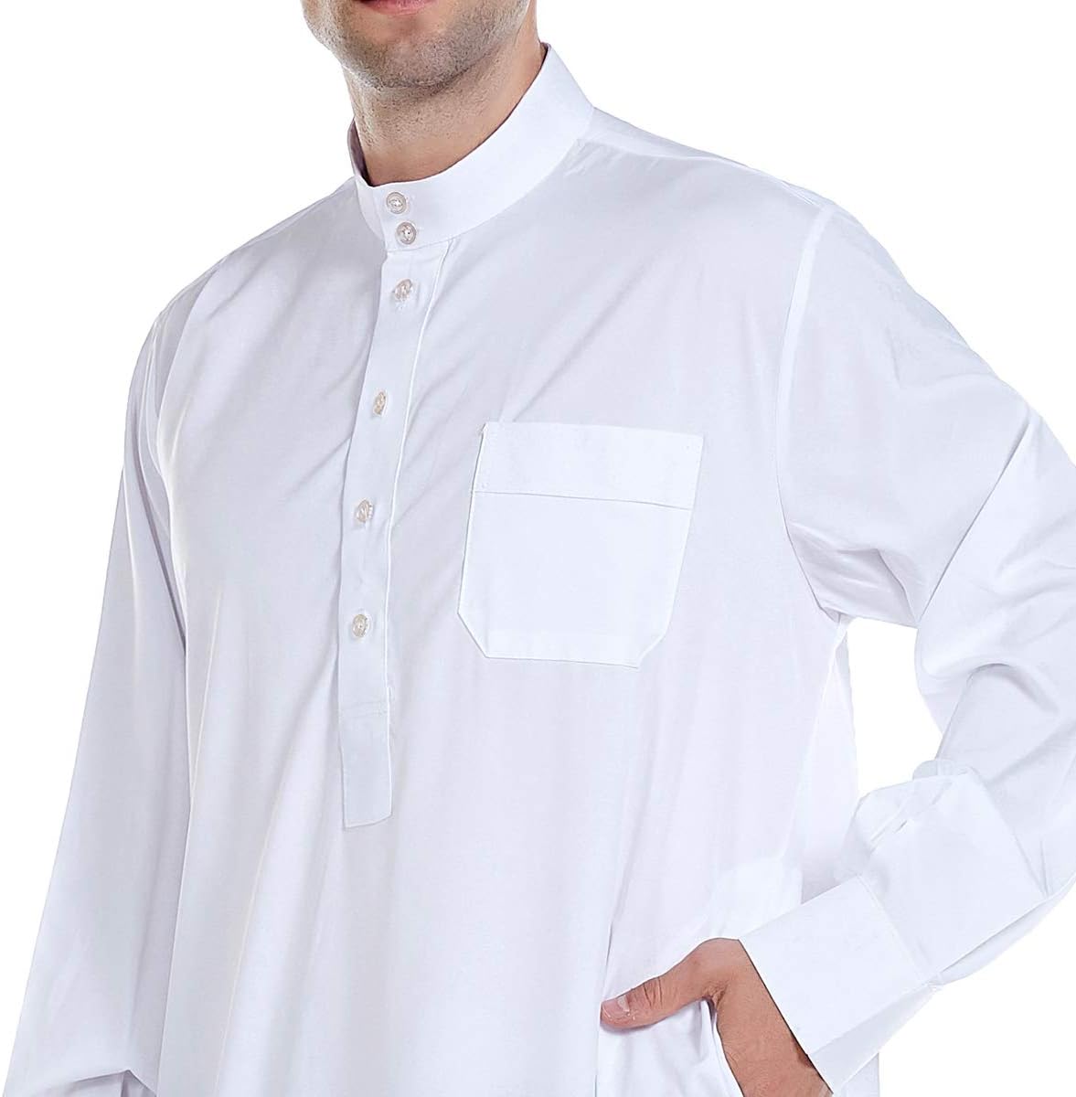 Men Arabic Long Sleeve Pure Color Thobe Crew Stand Collar Kaftan Robe with Button