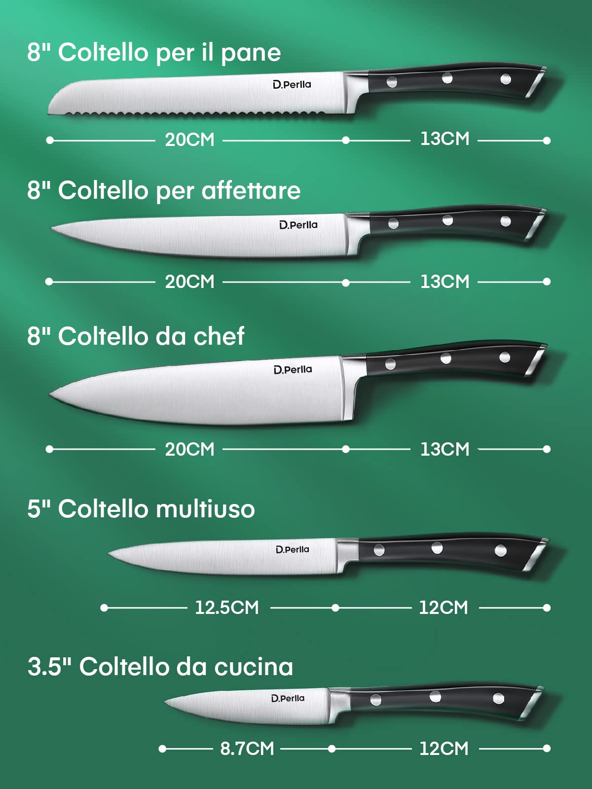 D.Perlla 6 Pezzi Set di Coltelli da Cucina, Set Coltelli Tedesco X50Cr15 in Acciaio Inossidabile, Ceppo Coltelli Professionali con Blocco in Legno, Coltelli per Frutta e Verdura
