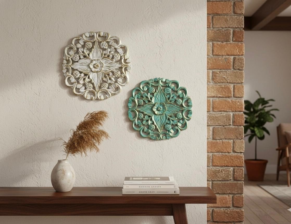 THE SARA ENTERPRISES Wooden Floral Mandala Wall Panel, Boho Carved Décor, Set of 2, White and Teal-picture-13
