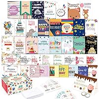 feela 40 Happy Birthday Cards Pack, 40 Designs Birthday Cards Multipack and 40 Blank Envelopes, 48 Pieces of Stickers 2 Washi Tapes, 10X15cm Blank Greeting Cards for Women, Men, Friends and Kids