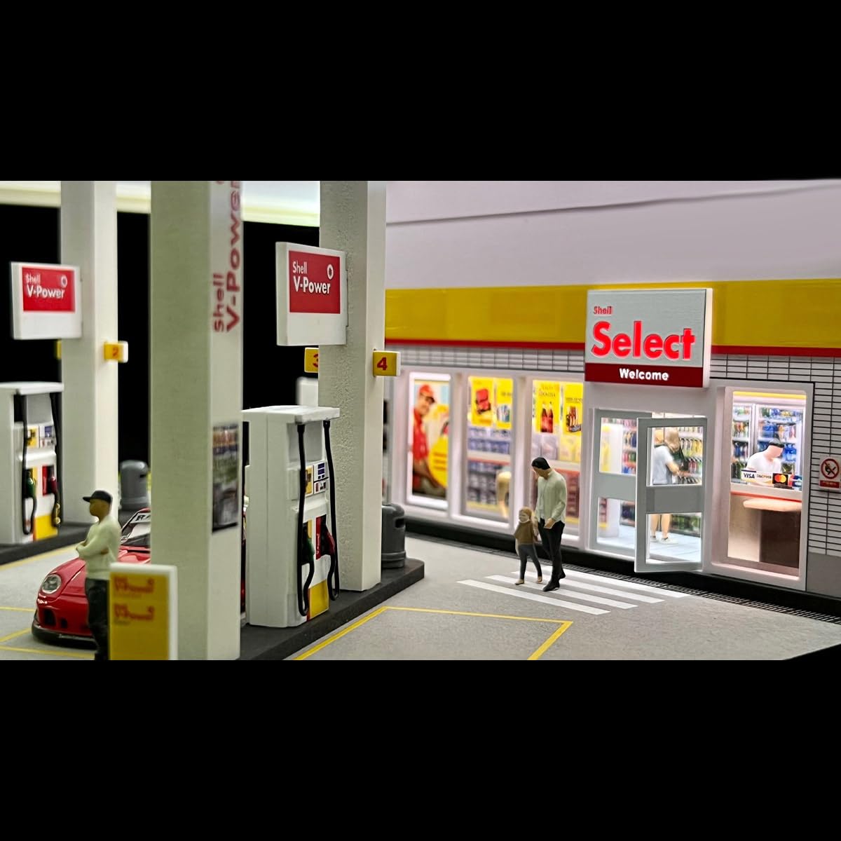 BuildCubes Maßstab 1/64 Shelll Tankstelle Modell, DIY Minihaus Diorama Tankstelle Gebäude Szene, Sammlerstück Geschenk für Enthusiasten, Fahrzeuge Figuren Werkzeuge nicht enthalten