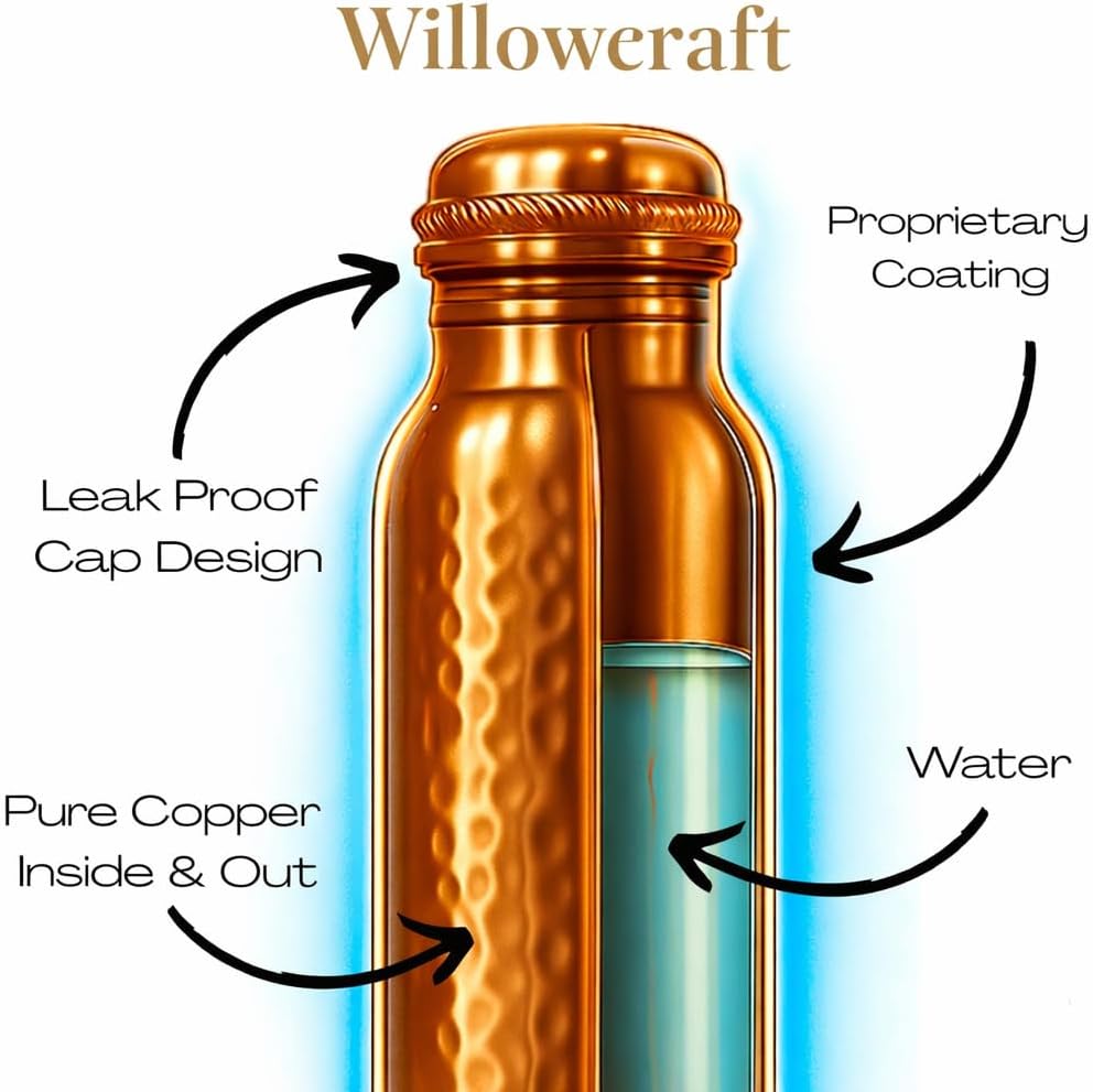 Copper Water Bottle (34oz/1000ml) 100% Pure Handmade Hammered Ayurvedic Pure Copper Vessel for Drinking Heavy Duty & Leak-proof