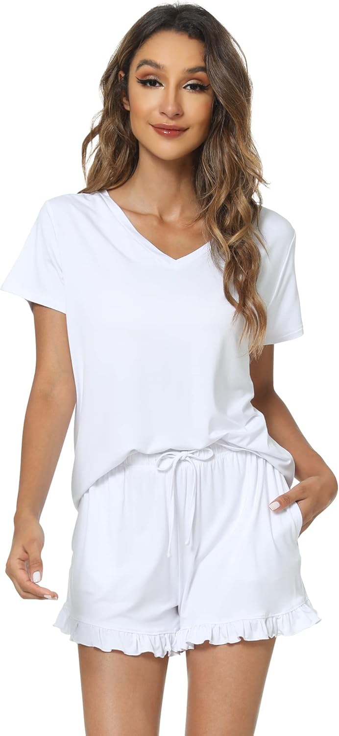 WiWi Womens Pajamas Set Bamboo Viscose Super Soft Short Sleeve Top Ruffle Shorts Sleepwear Cooling Pj Sets S-XXL