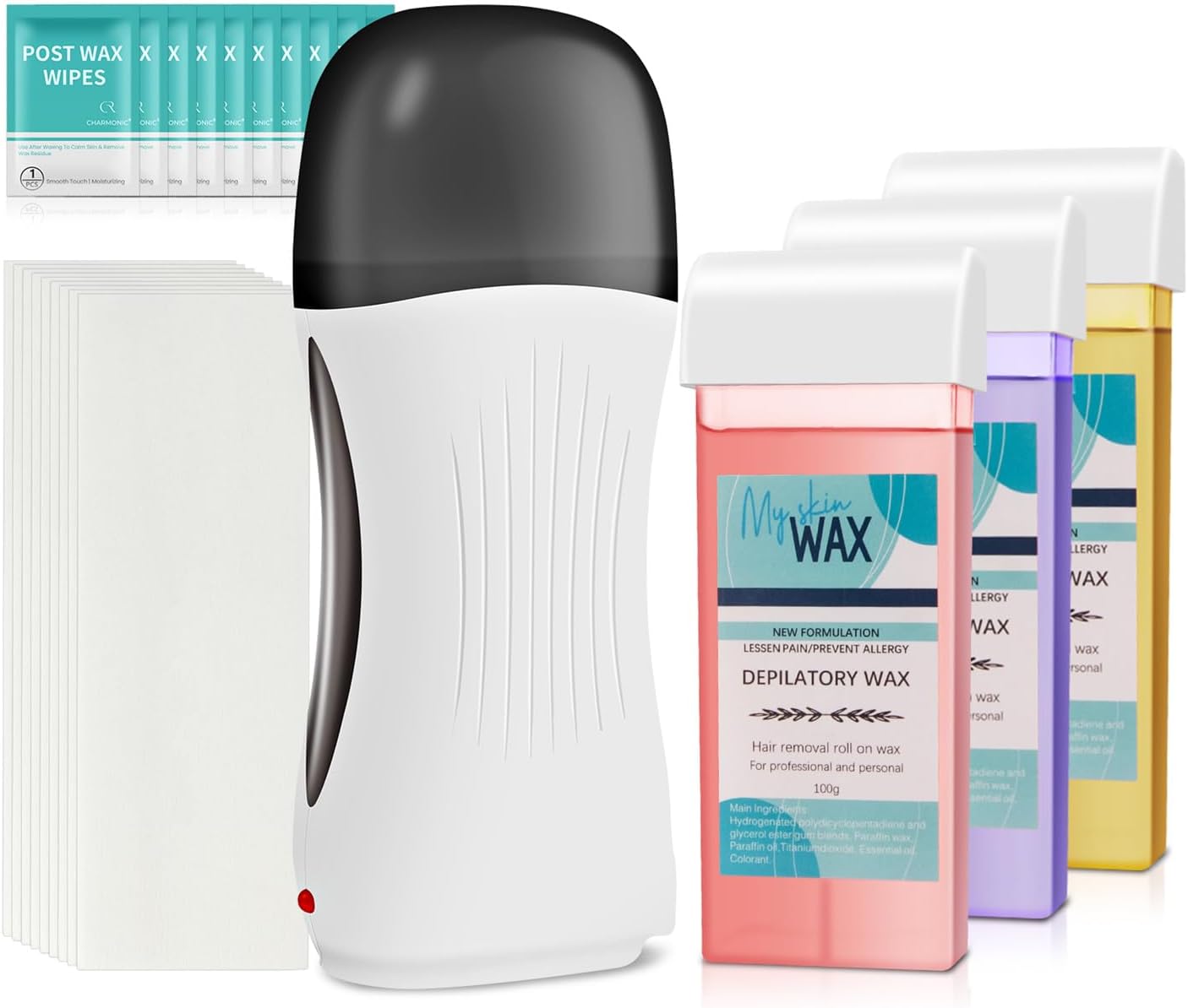 Roll On Wax Kit, Portable Wax Roller Kit for Hair Removal, Beginners Waxing Kit Soft Heater for All Skin Types with 3 Pcs 100g Roll on Cartridge, 100 Non-Woven Strips & 10 After Oil Wipes (F8_White)