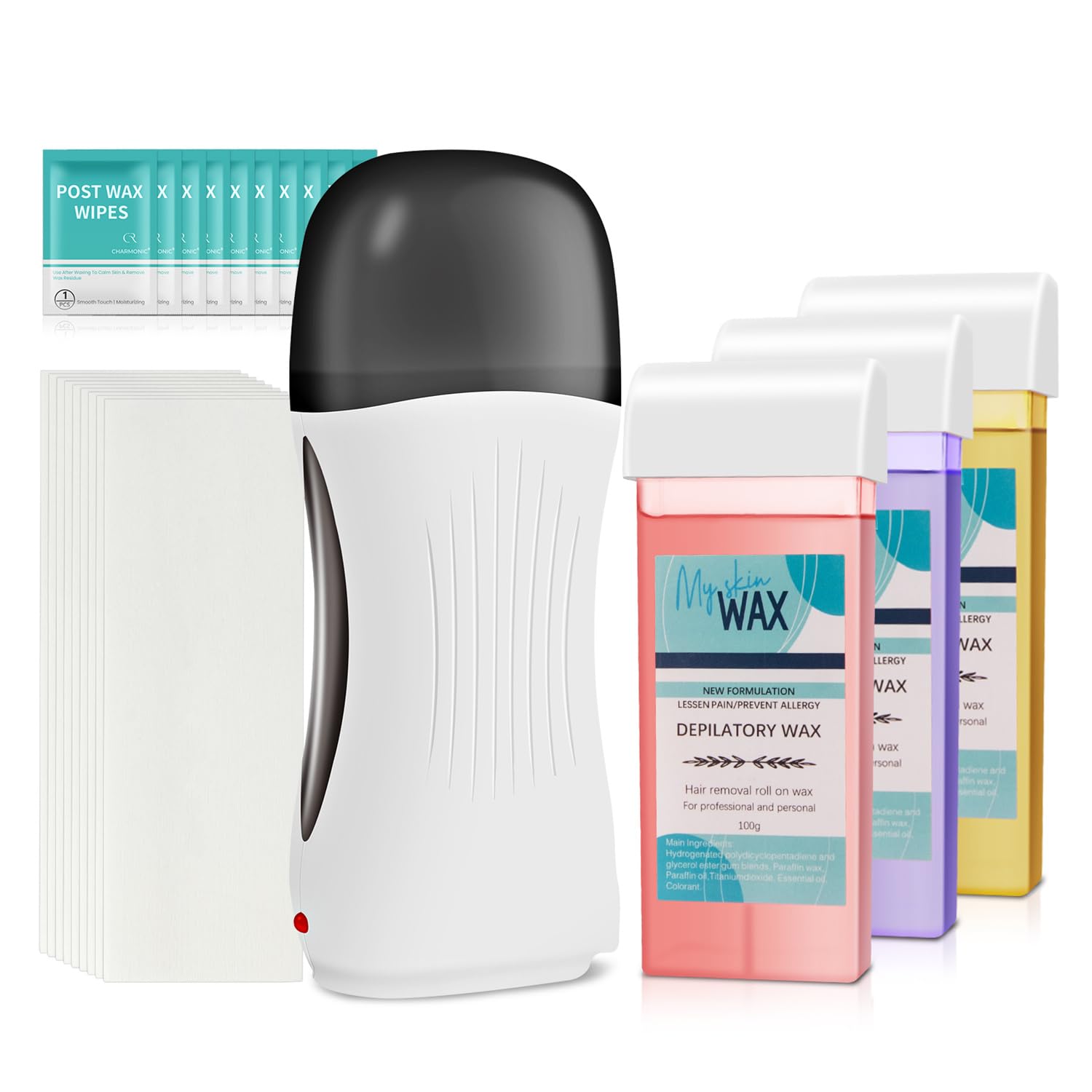 Roll On Wax Kit, Portable Wax Roller Kit for Hair Removal, Beginners Waxing Kit Soft Heater for All Skin Types with 3 Pcs 100g Roll on Cartridge, 100 Non-Woven Strips & 10 After Oil Wipes (F8_White)