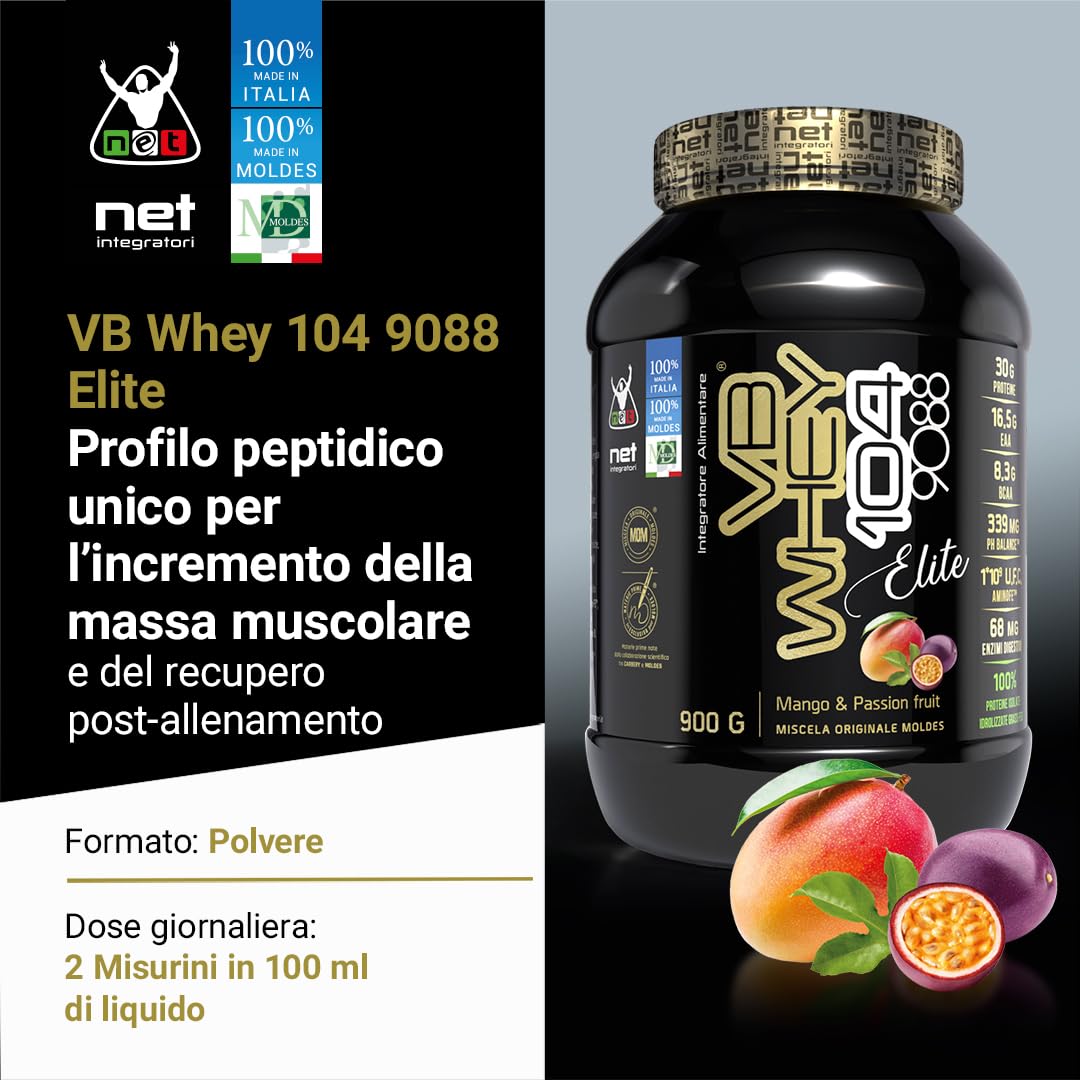 NET Integratori VB WHEY ELITE 104 9.8 Optipep - 900g Mango Passion Fruit - Proteine Isolate Idrolizzate per via Enzimatica Con EAA e BCAA - Crescita e Mantenimento Della Massa Muscolare, Post Workout
