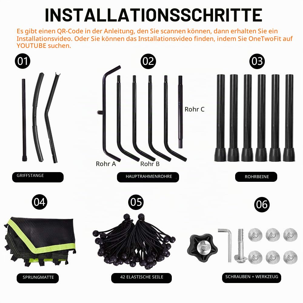ONETWOFIT 122cm Mini Trampolin Outdoor mit verstellbarem Handgriff, Fitness Trampolin Indoor, Bungee Rebounder, Jumping Cardio Trainer Workout