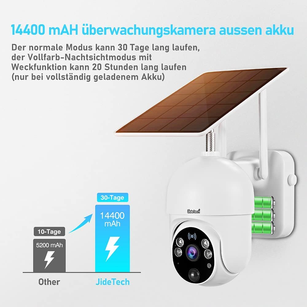 JideTech Solarna kamera monitorująca, zewnętrzna, akumulator 14400 mAh, 1080p PTZ WiFi Dome kamera WLAN z panelem słonecznym, wykrywaniem PIR i radaru, noktowizor kolorowy, 2-drożne audio, widoczność