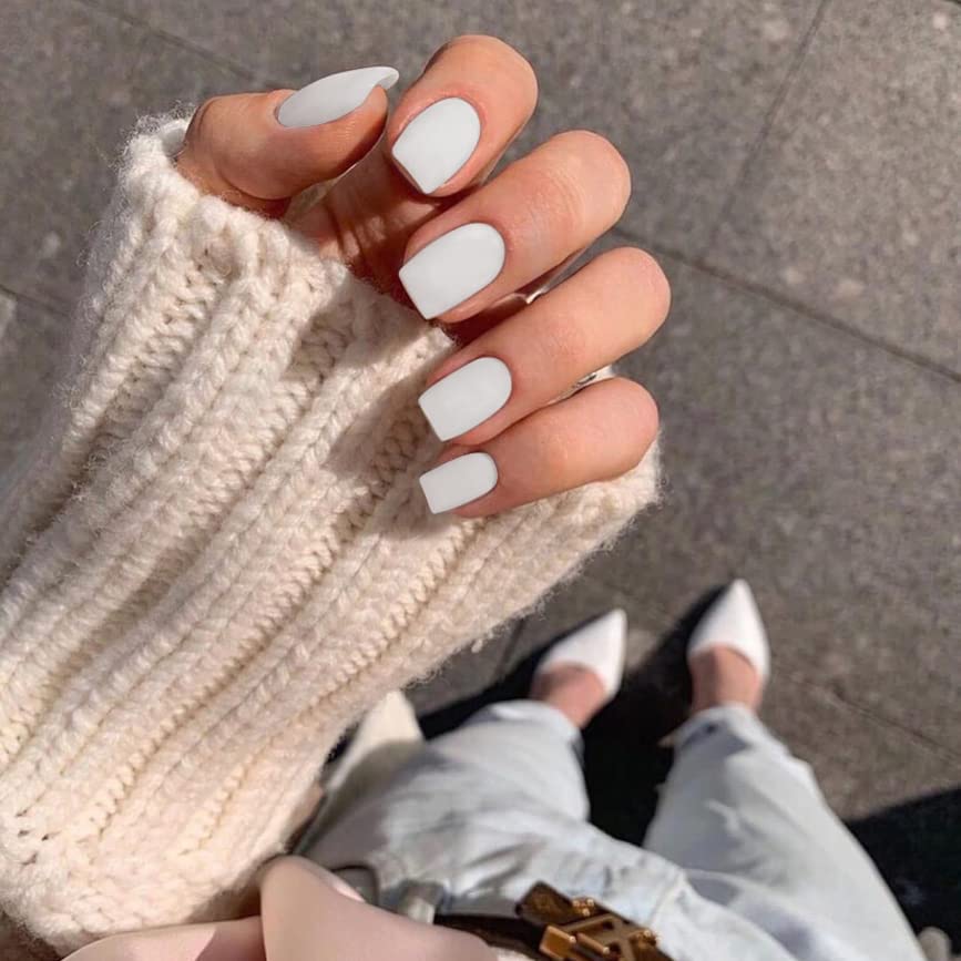 SXVME Matte White Press on Nails Short Square, Short False Nails Coffin, Natural Velvet White Fake Nails Set - Image 2