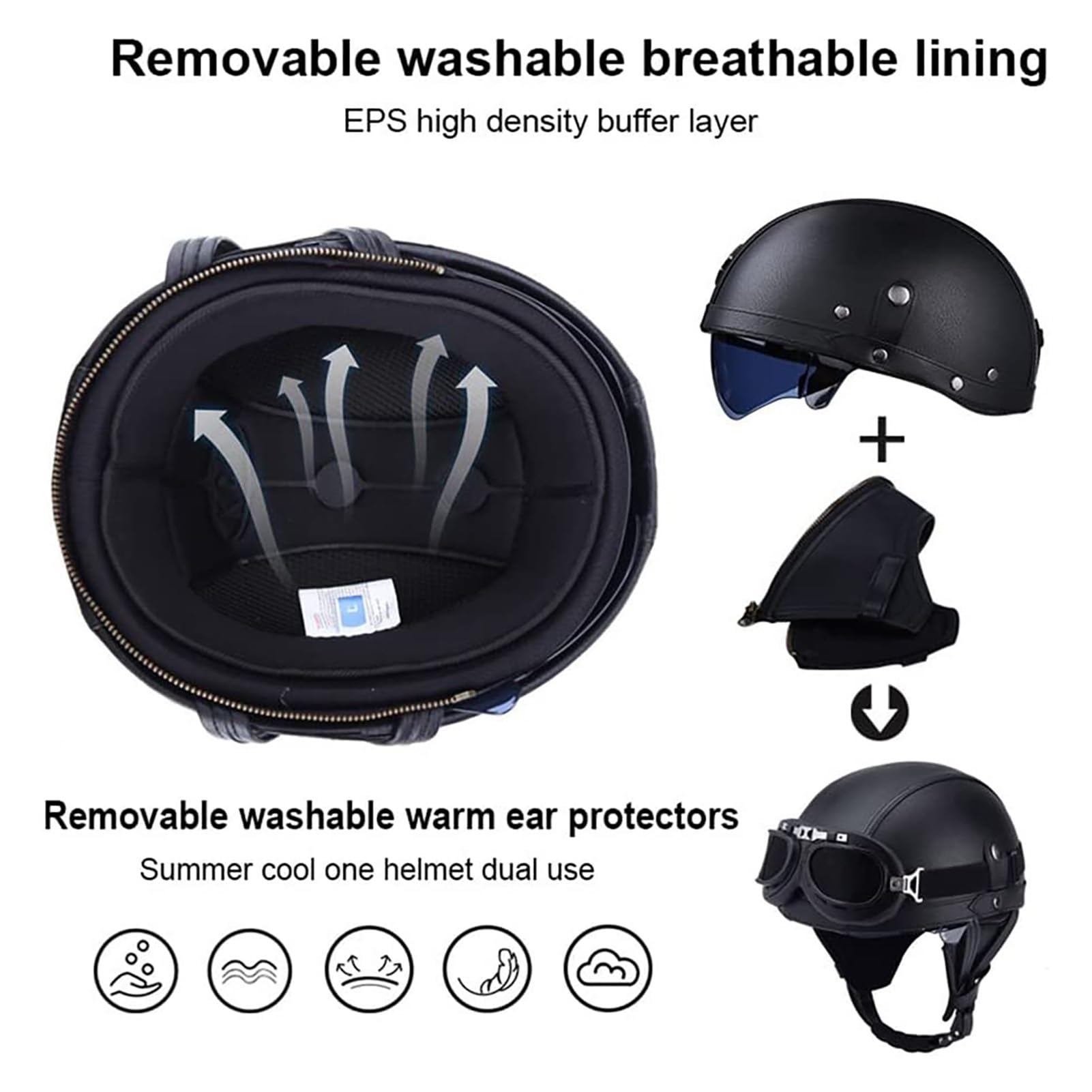 Casque Moto Vintage De Protection en Cuir Bol Homme Homologué ECE Casques Jet avec Lunettes à DéGagement Rapide Scooter