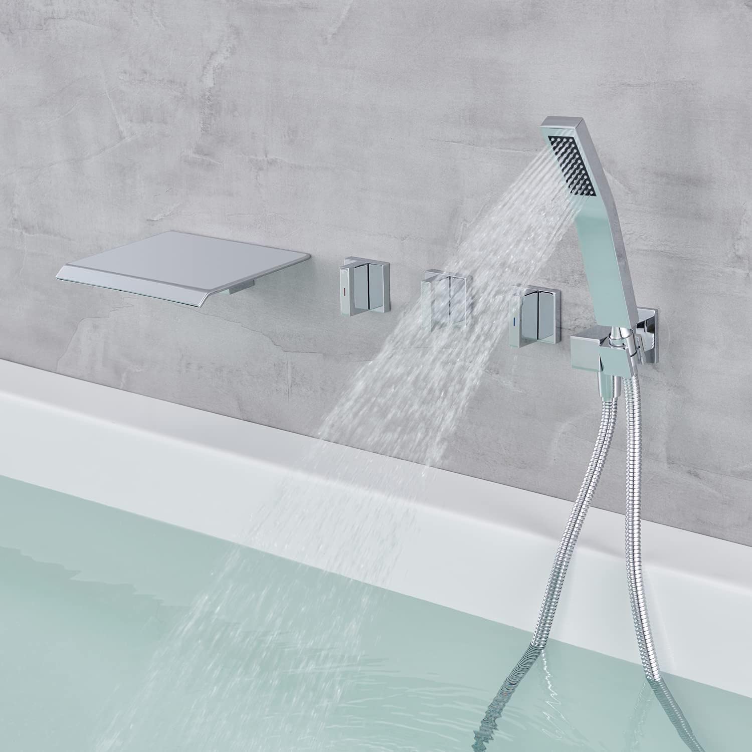 Grifería Mural Tipo Cascada con Ducha de Mano, Juego de grifos de Agua fría y Caliente de latón para baño contemporáneo, Acabado Cromado Pulido, 3 manijas.
